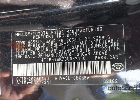 2008 Toyota Camry Hybrid z USA, uszkodzony, nr VIN 4T1BB46K78U062160